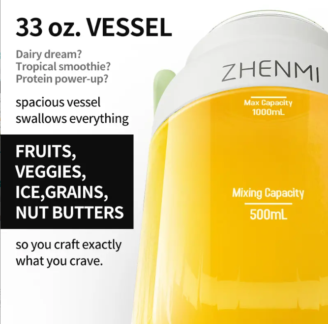 Cordless Blender 33oz | USB Rechargeable | Smoothies & Ice Crushing